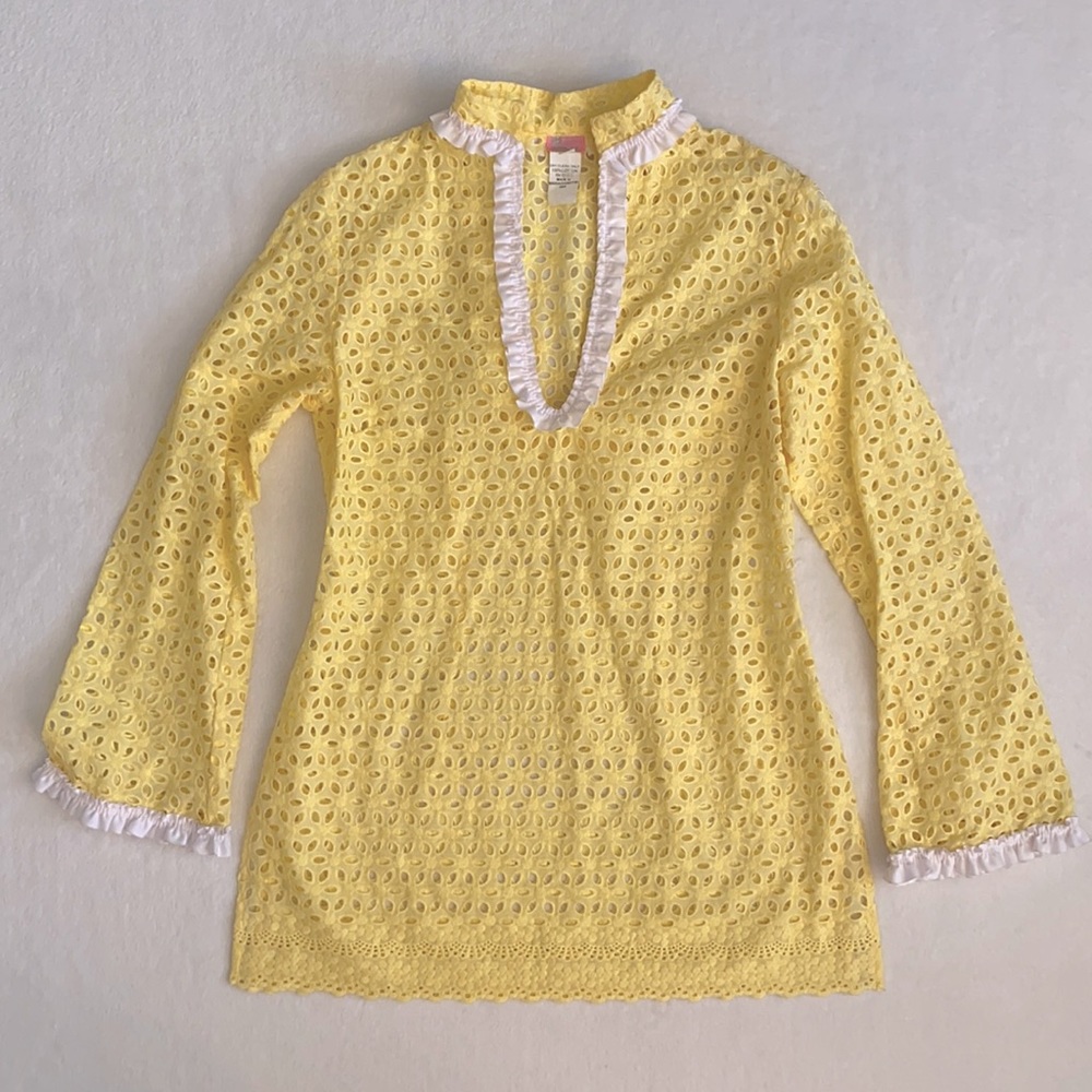 Molly B | Eyelet Cotton Ruffle Bell Sleeve Tunic Top Boho V-Neck Yellow/White S